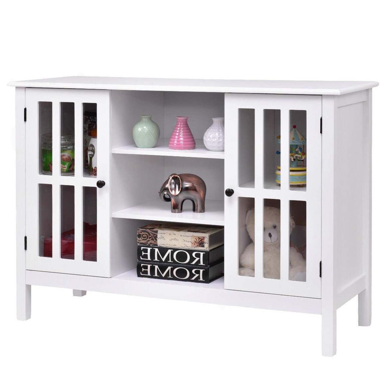 Modern White Sofa Table Cabinet with Glass Panel Doors and Storage Shelves for Living Room